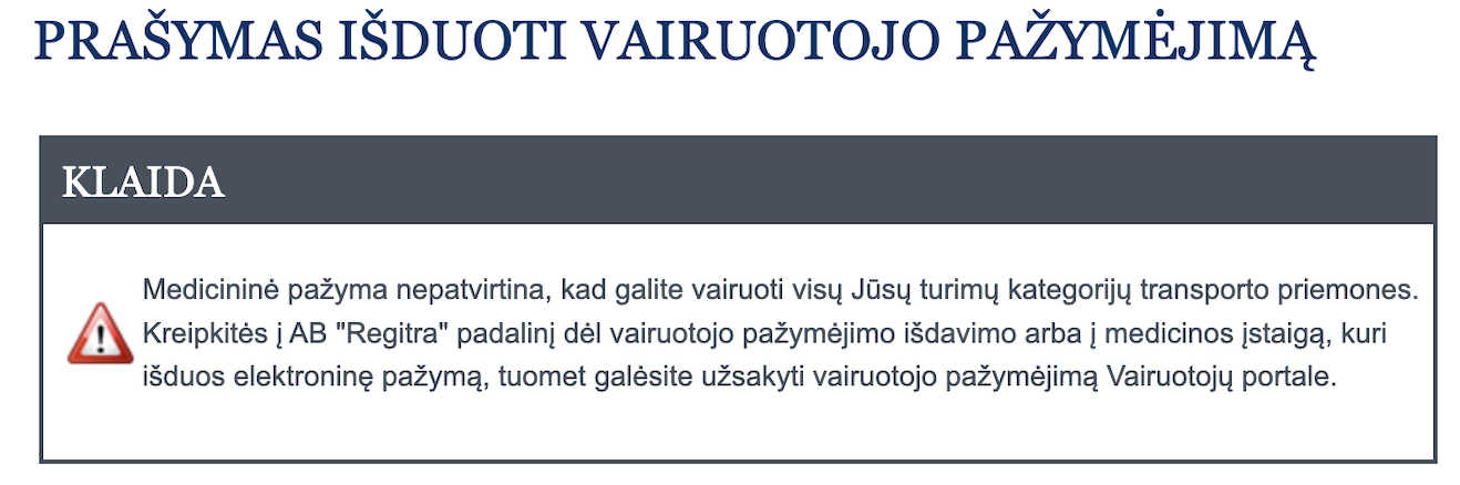 Regitra klaida keiciant vairuotojo pazymejima